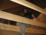 Don climbed into the rafters to better see how the attic space would be working. It won't be a finished attic, but will have convenient access for maintenance purposes