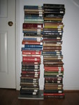 April 22: Books stacked for return to the library after defense