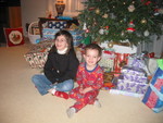 Kids in front of Grandma Carolyn and Grandpa Chris's tree on Christmas morning
