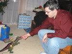 Robot dragon biting Greg's finger