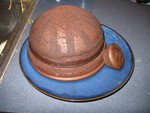 February 24: Ladybug cake before decorating. I love my new pan -- thanks, Darel and Gail!