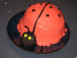After decorating -- complete with dimples! The cake has a bowl-shaped hollow inside, filled with fresh strawberries and strawberry cream filling.