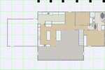 Color-coded floor plan showing where the different flooring materials will probably be used. The utility room will be laminate, the kitchen and bedrooms will be oak, the direct solar gain portion of the dining and great room will be tile, and the bathrooms will be a different tile.