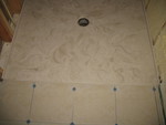 October 16: Threshold between shower pan and floor tile, showing how nicely the 2 colors go together. There'll be some kind of transition strip added, and of course the grout needs added yet as well.