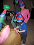 Connor takes a turn at the inflatable pin-the-tail-on-the-donkey